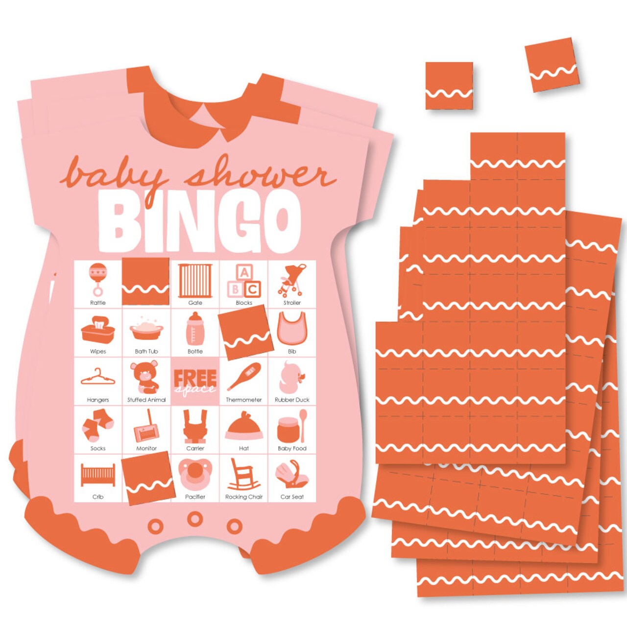 Big Dot of Happiness Pink and Orange Wavy Baby Shower Bingo Cards and Markers, Pink Retro-Themed Party Activity, Picture Bingo Game - Set of 18
